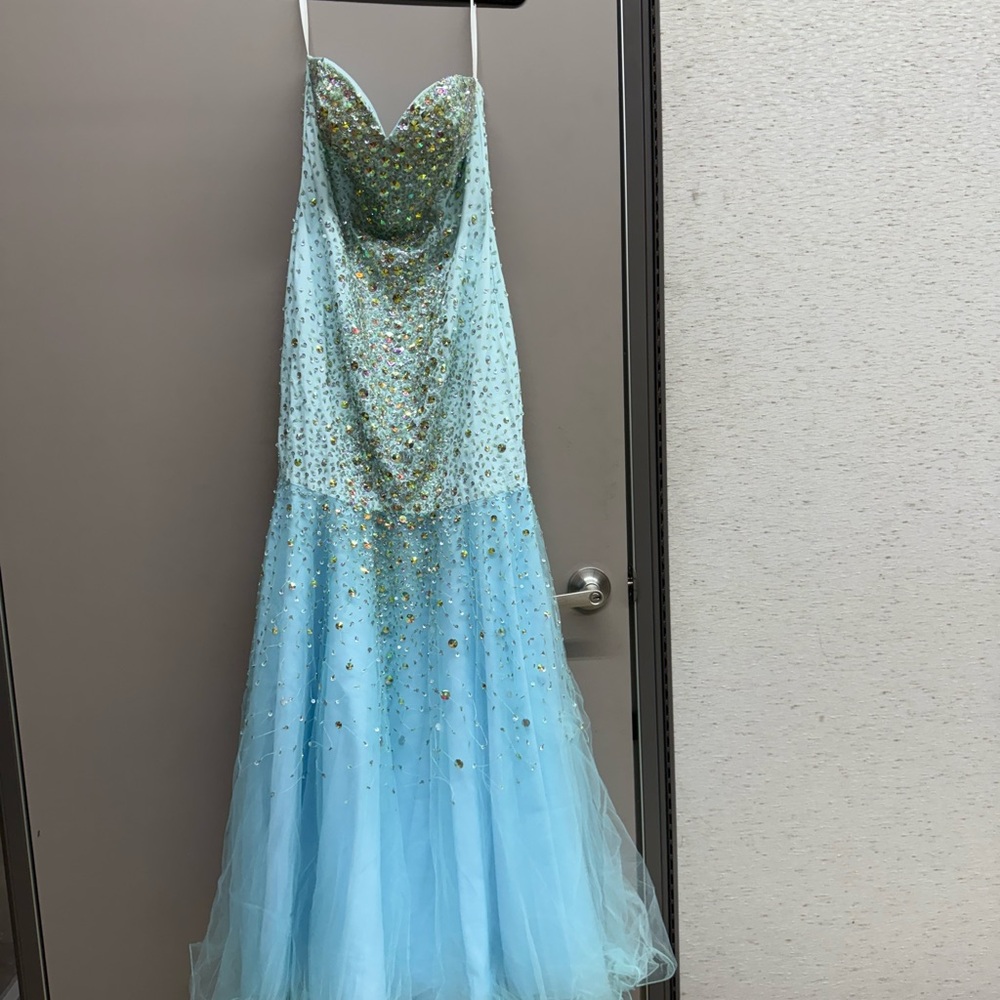 Terani Couture Blue and Silver Sequin Embellished Gown